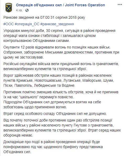 Бойовики за добу 12 разів відкривали вогонь по позиціях ООС на Донбасі